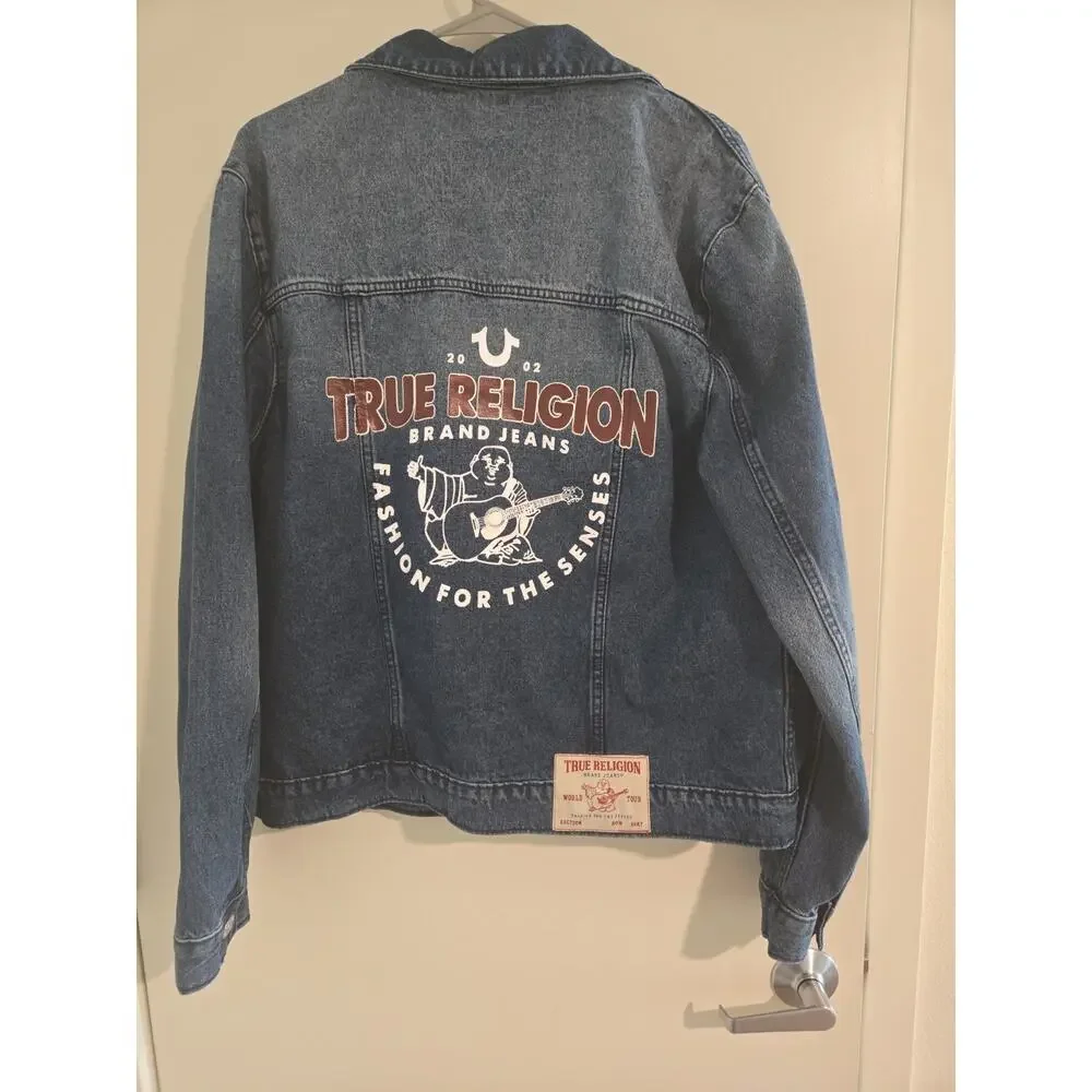 True Religion Men’s Jacket Denim with Red Stitch Printed Logo SZ M NEW